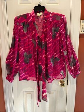 The Silk Farm 100% Silk Pink Geometric Floral Sheer Long Sleeve Blouse Size 14